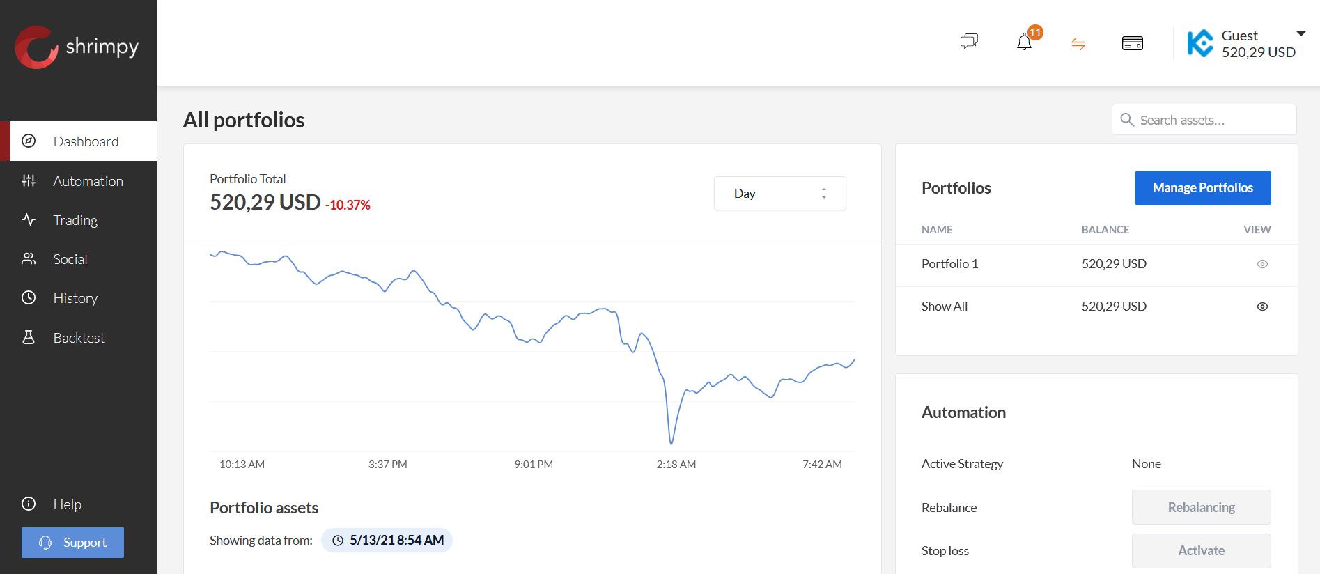 Shrimpy new dashboard