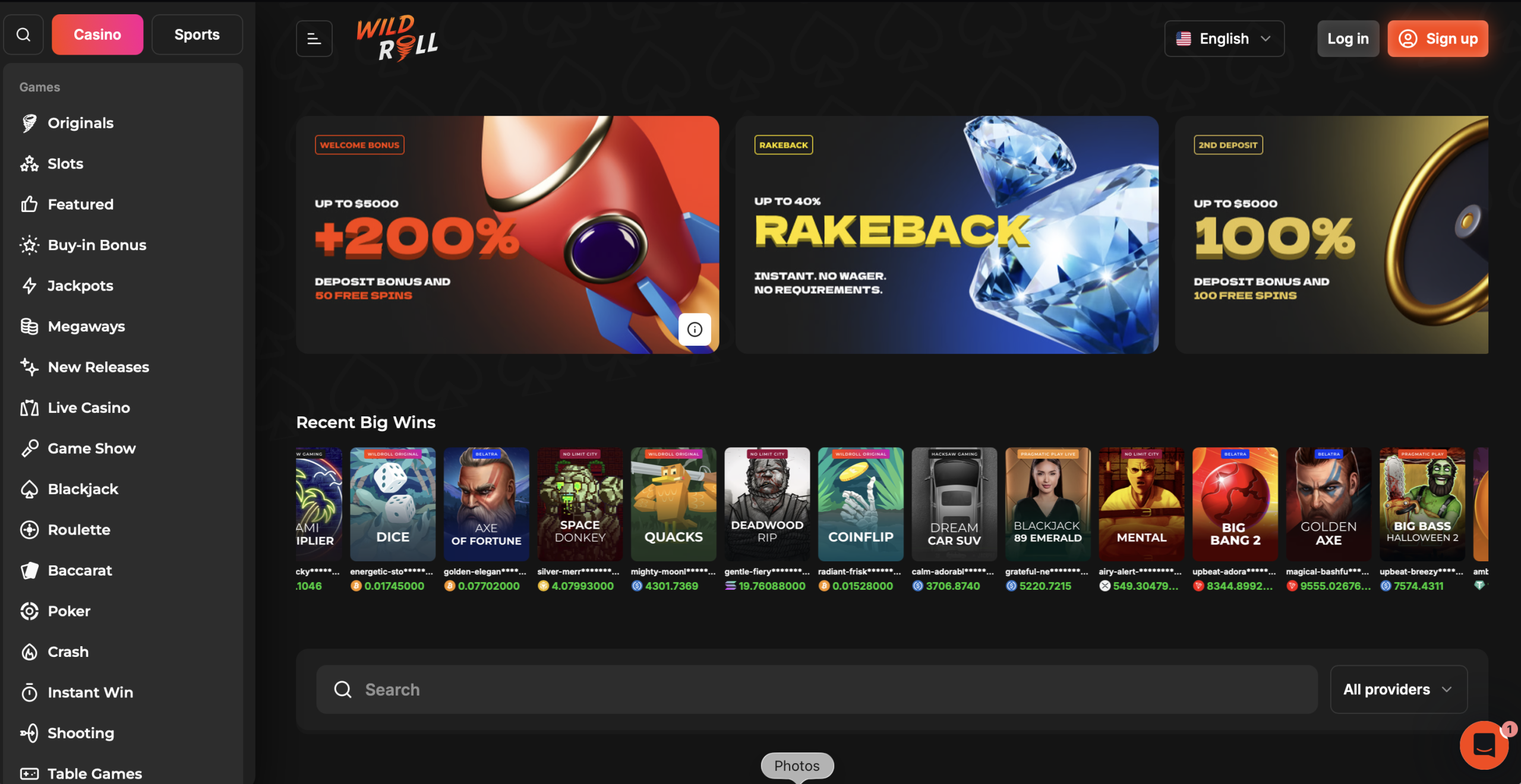 wildroll crypto casino lobby