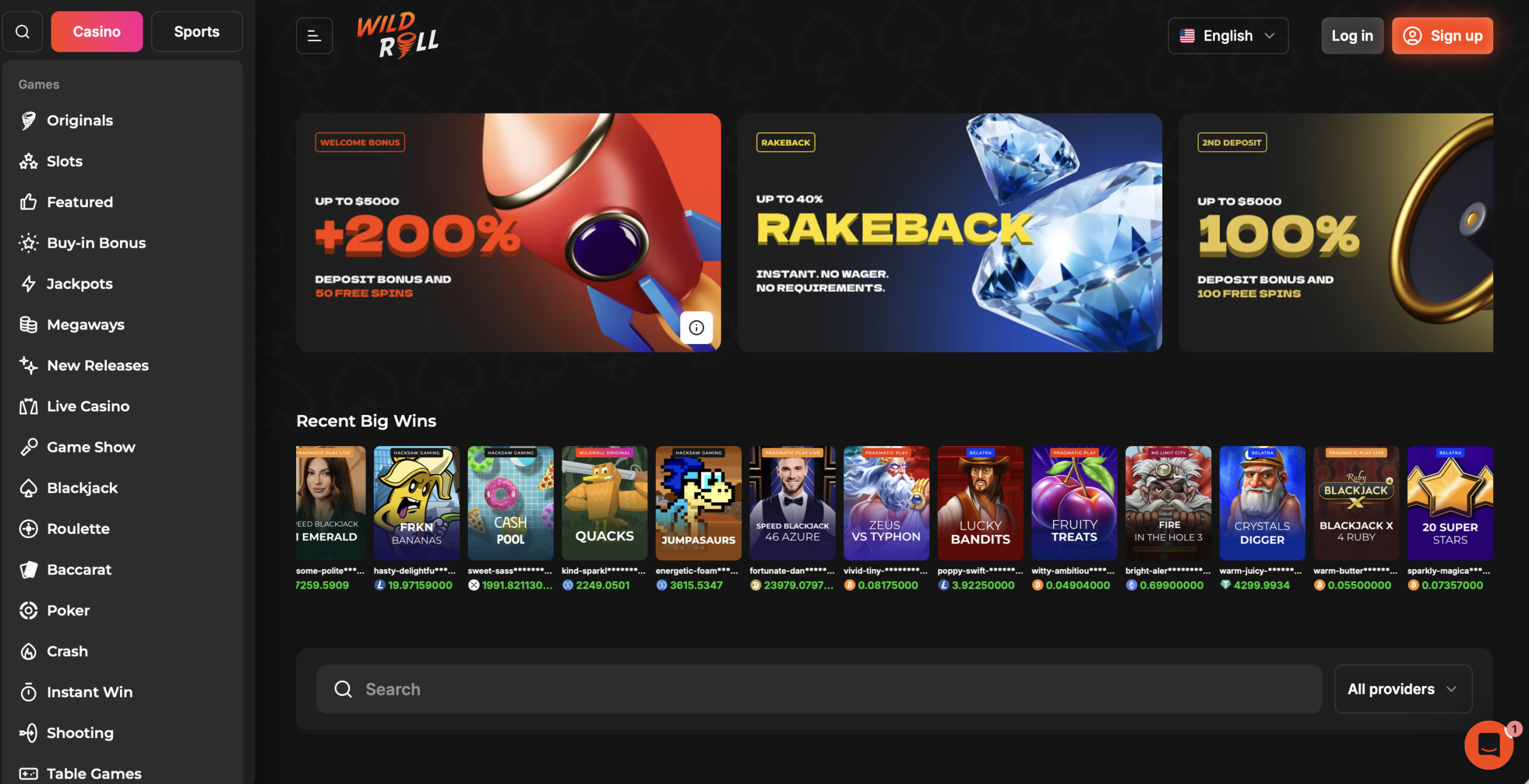 wildroll crypto casino lobby