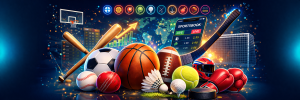 Sportsbook hero banner with football, basketball, soccer ball, tennis ball, golf ball, hockey puck, baseball, boxing gloves, bats, hockey stick, and live betting interface