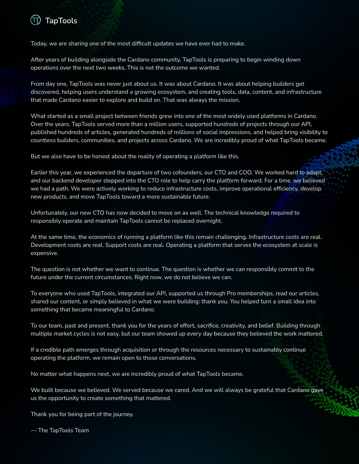 Taptools message
